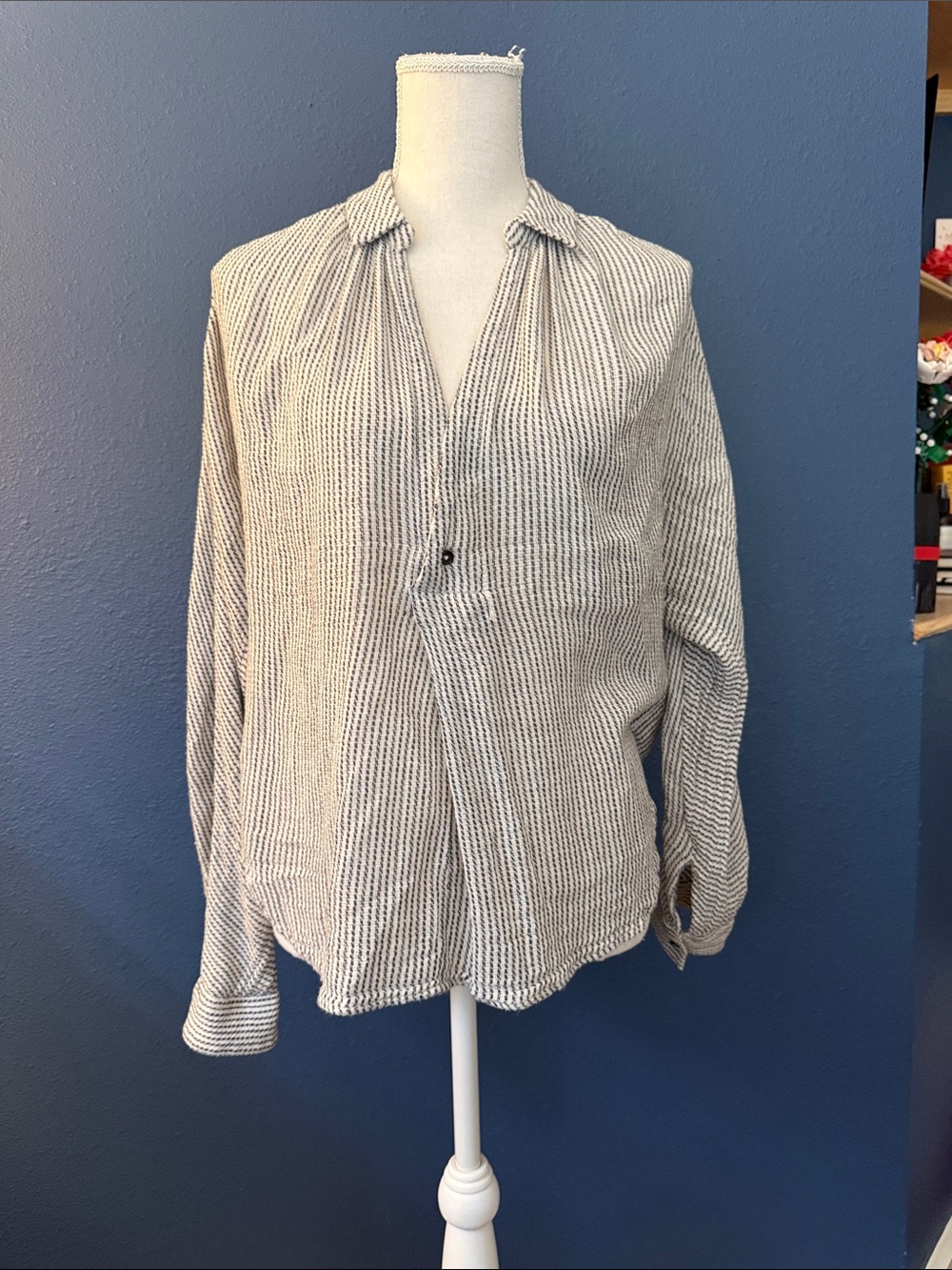 Free People Cream & Black Textured Stripe Button-Down Shirt